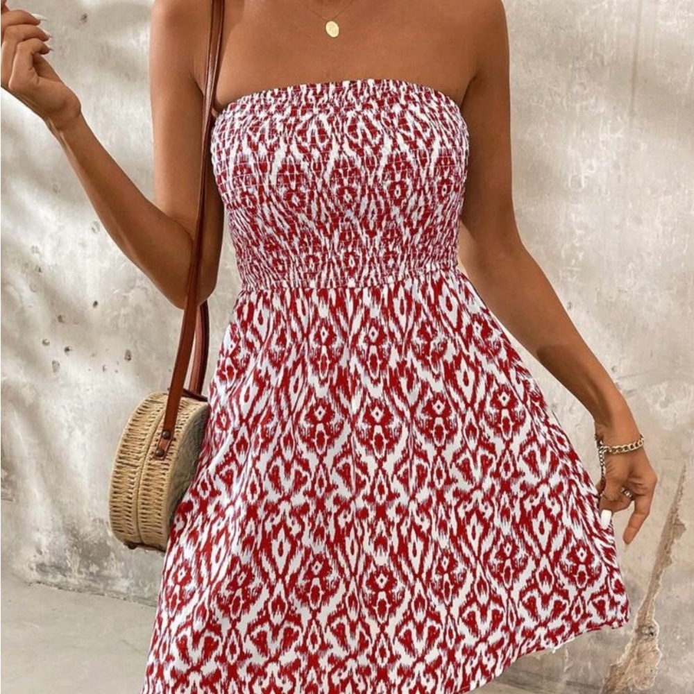 Red Strapless Ikat Print Dress